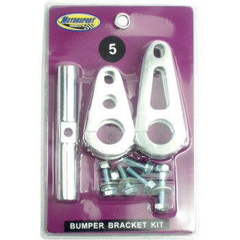 The EZ Fit Bumper Bracket Kit Bombardier by Motorsport Products features two CNC machined aluminum brackets, a cylindrical metal rod, bolts, and screws on a purple background with the Motorsport Products logo in the top left corner.