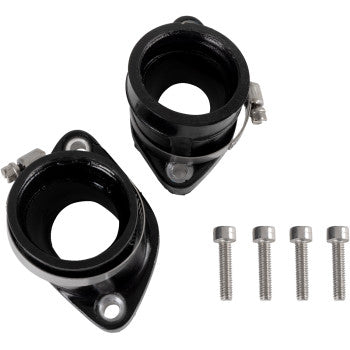 Two black Yamaha Intake Manifolds Stock by Moose Offroad with hose clamps are shown beside four silver bolts on a white background. Perfect for carburetor upgrades, they boost airflow for increased horsepower.