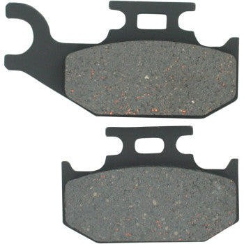 Pair of rectangular offroad brake pads with black metal backing and speckled gray friction material surface.