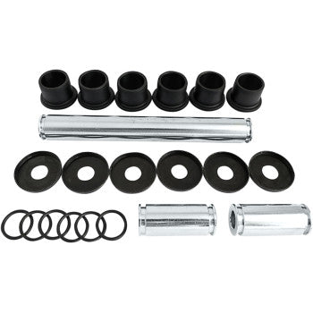 A neatly arranged set of metal rods, bearings, bushings, washers, and rubber rings on a white background displays the A-Arm Repair Kit Front Upper Lower by Epi.