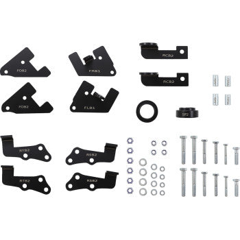 The Honda Pioneer Lift Kit by Demon includes black metal mounting brackets, washers, nuts, bolts, and spacers—perfect for increasing ground clearance or fitting larger tires. Each bracket is labeled with white alphanumeric codes on a white background.