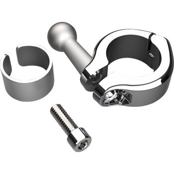 The Drink Holder Gen 2 Chrome 7/8–1 Handlebar Mount by Ciro is shown disassembled, featuring a metallic, weatherproof quick-release clamp with ball end, matching insert, and hex bolt on a white background.