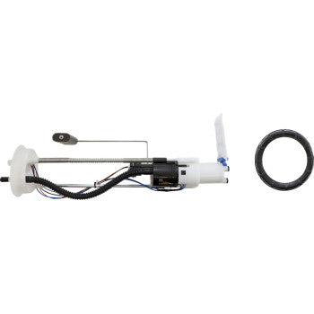 White and black Polaris fuel pump module with attached wiring harness and circular black rubber gasket.