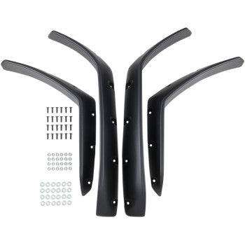 The Polaris Fender Flares Textured Black by Maier include four curved, predrilled plastic flares with multiple screw holes, plus sets of screws and washers, all displayed on a white background.