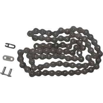 The Did 420 Standard Drive Chain with 82 links features a coiled alloy steel, solid roller design, shown with a separate clip-type connecting link and two metal pins on a plain white background.
