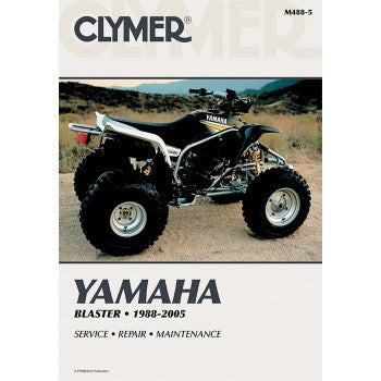 The cover of the Yamaha YFS200 Yamaha Blaster Manual by Clymer shows a Blaster ATV on a dirt road with mountains behind. Text reads: Yamaha Blaster 1988-2005, Service • Repair • Maintenance—ideal for restoration projects.