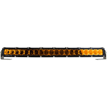 The Heretic Light Bar 20" Spot Amber features multiple amber/yellow LEDs, a black frame, and a stainless steel mount—designed for vehicles and showcased against a white background.
