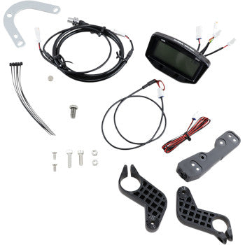 The Striker Digital Gauge by Trail Tech, a waterproof electronic bike display kit with digital speedometer, voltage function, cables, connectors, metal brackets, screws, zip ties, and two plastic mounting brackets on a white background.