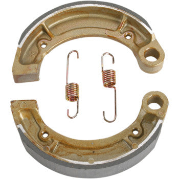 Ebc Brake Shoes: Two die-cast aluminum shoes with bonded linings and two original-style springs are arranged on a white background, the shoes forming a near circle and the springs positioned side by side in the center.