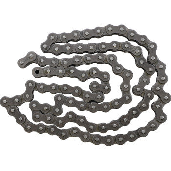 The 420 Standard Non Sealed Chain by EK features 96 coiled metal links with visible pins and plates, crafted from a special steel alloy, and is displayed on a plain white background.