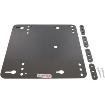 A black metal UTV Click N' Go 2 Plow Mount Bracket by Kimpex, with multiple holes, four small brackets, and four bolts, is arranged on a white background. The plate displays a KIMPEX logo sticker on the bottom edge.