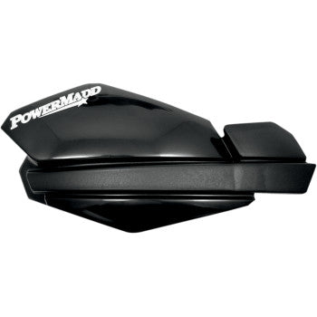 The Trail Star Handguards Black by Powermadd feature an angular black plastic design with a white logo on the top left, providing roost protection and are designed for easy mounting on ATVs or motorcycles.