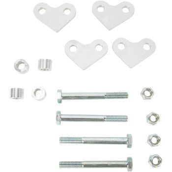 The Yamaha YFZ Lowering Kit Front Lowers 1.50" 2.00" by Dura Blue includes four heart-shaped plates with two holes each, four spacers, assorted bolts, and four hex nuts—ideal for flat-track racing and displayed on a white background.