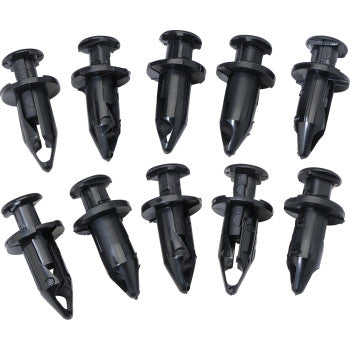 Ten Pry Rivet Kit M8 fasteners from Moose Offroad, in black nylon and factory sizes, are displayed in two rows on a white background.