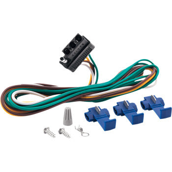 The 4' Trailer Wiring Harness 4 Way by Optronics Inc. includes a 4-conductor harness with colored wires, a black connector, gray wire cap, three blue wire clips, and two metal screws.