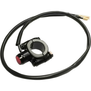 The Momentary Switch 7/8" by K&S Technologies is a black, handlebar-mounted, normally-open aluminum switch with a red button, fitting 7/8" bars via a circular clamp and featuring a long black wire with exposed ends.