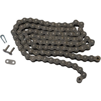 The M530 Standard Chain 118 Links by Rk, made of medium carbon alloy steel, is coiled next to a master link, connecting plate, and clip with solid rollers on a white background.