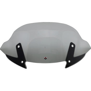 Tinted 11-inch curved motorcycle windshield with black mounting brackets and small central logo.