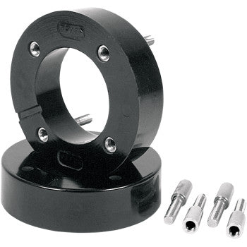 The Yamaha Wheel Spacer Easy Fit 2.5 4x100 Rear Kit by Dura Blue includes two black, circular metal spacers with four holes each and three silver hex-end bolts, displayed on a white background to show compatibility with nut extenders.