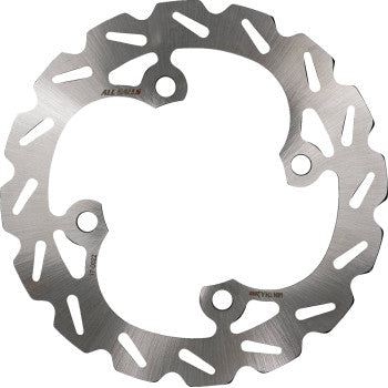 Silver metallic circular brake rotor with wave-patterned edges and three mounting holes.