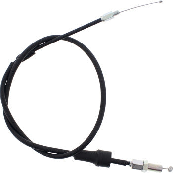 The Can-Am Black Vinyl Throttle Cable by Moose Offroad features metal connectors, a threaded adjuster on one end, and an exposed steel wire core on the other, all inside a pre-lubricated nylon sleeve for smooth performance.
