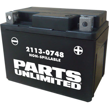 A black AGM Battery YTX4L by Parts Unlimited, maintenance-free with 2113-0748 NON-SPILLABLE text on the front, and positive/negative terminal symbols on top.