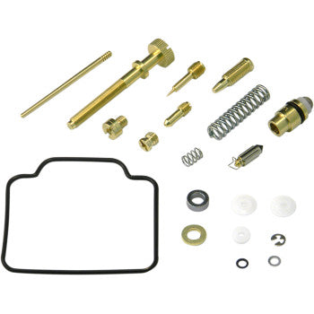 The Polaris Carburetor Repair Kit by Shindy includes brass parts, float valves, jets, springs, washers, rubber rings, plastic pieces, and a large black gasket arranged on a white background.