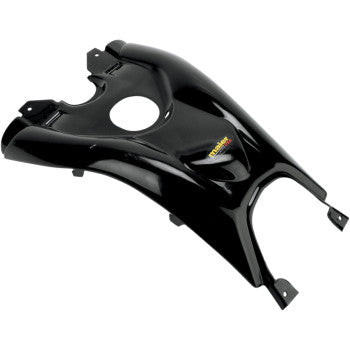 The Yamaha Tank Cover Black by Maier is a high-density polyethylene motorcycle tank cover featuring a glossy black finish, central circular cutout, multiple attachment points, and a small yellow and red decal on one side.