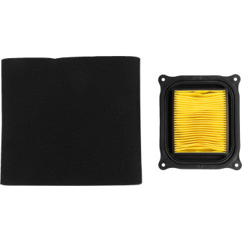 A black rectangular foam filter and a square yellow pleated cellulose air filter with a black frame rest on a white background—the Yamaha Replacement Air Filter by All Balls, perfect as an OEM replacement.