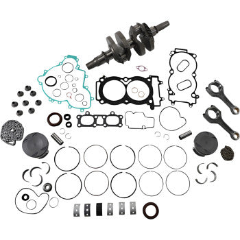 Complete Polaris engine rebuild kit with crankshaft, pistons, gaskets, seals, and small engine components in metal and.