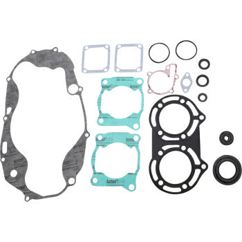 Complete Yamaha gasket kit with various black, green, and metallic gaskets and seals, designed for exact fitment.