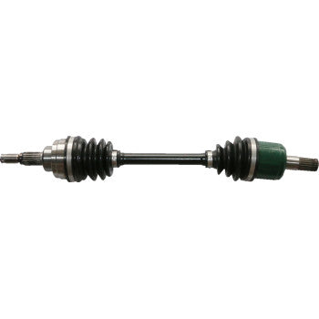 Front left and right black CV axle shaft kit with rubber boots and metal joints for ATV use.