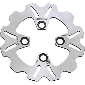 Silver wave-style brake rotor with three mounting holes and black accents, made from metal.