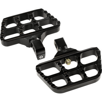 A pair of Serrated Floorboards - Black by Joker Machine, featuring black CNC-machined aluminum with large cutouts, textured edges, and sturdy metal construction, shown from various angles on a white background.