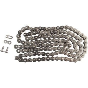 The 520 HDS Ultimate Competition Chain Nickel 120 Links by JT Chains is displayed straight with a master link and two chain pins beside it on a white background, showcasing its design similar to power transfer chains in superbikes.
