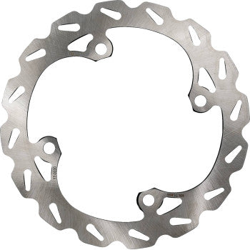 The Polaris Brake Rotor by All Balls is a stainless steel disc with a wavy outer edge, multiple cooling cutouts, and three mounting holes for easy wheel hub attachment.