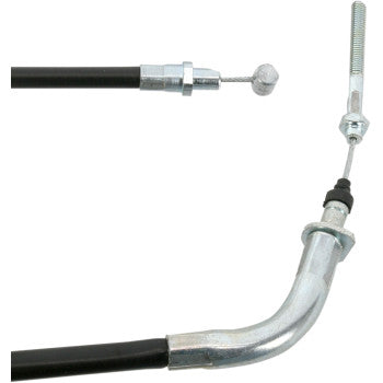 Close-up of the Yamaha Black Vinyl Brake Cable by Parts Unlimited—features metal fittings, a threaded rod end, and a curved barrel end, perfect for those seeking OEM-quality cables from trusted brands.