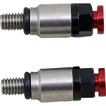 Two Fork Air Bleeder Red by Tmv bolts, with threaded ends, anodized silver bodies, black hex sections, and red caps, are displayed side by side on a white background.