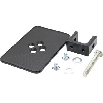 The Accessory Mount Registration Sticker Plate by Sdi—a black metal plate with four holes, L-shaped bracket, screw, washer, and two bolts—is displayed arranged on a white background.
