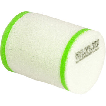 The HFF3024 Suzuki Foam Air Filter by HiflofiSuzuki LTR o is a cylindrical white filter with green edges and HIFLOFILTRO text, engineered for maximum filtration and high air flow.