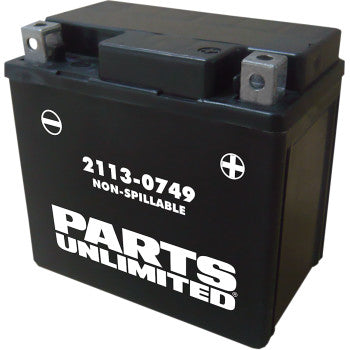 A black, rectangular AGM Battery YTX5L by Parts Unlimited with 2113-0749 NON-SPILLABLE label and positive/negative terminal markings on the front and top.