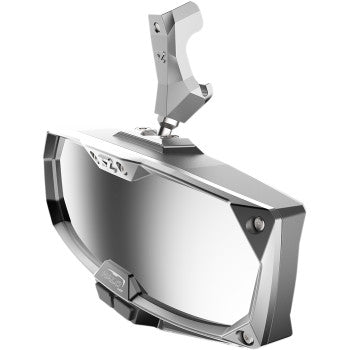 The Can-Am Defender Halo R Rear View Mirror by Seizmik features a modern rectangular silver design with a silver bezel, convex safety glass for better visibility, a top mounting bracket, and an integrated LED cabin light—ideal for boats or watercraft.