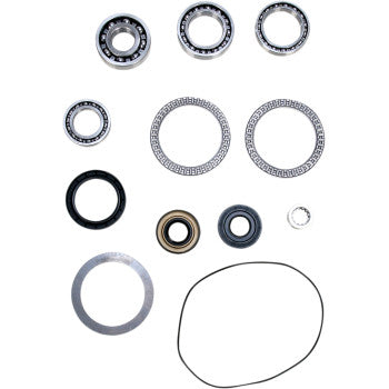 The Kawasaki Differential Bearing Seal Kit Front by Moose Offroad, featuring assorted metal and rubber bearings, seals, washers, and a TC rubber seal O-ring, is arranged on a white background in a grid-like layout.