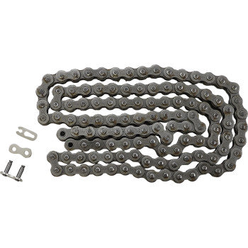 The 520 HDS Ultimate Competition Chain Steel 116 Links by JT Chains is shown coiled on a white background, with two connector links and two small metal pins placed next to it.