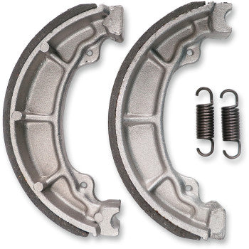 The image shows two Rear Brake Shoes by Epi with black friction lining and two coiled springs on a white background. Designed for drum brake systems, they deliver reliable performance even in muddy or sandy conditions.