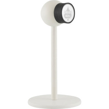 The iOmini™ Stand iOmounts™ Mini White by Klock Werks is a minimalist white tablet stand with a round base, vertical pole, and small circular black-rimmed holder featuring a spade symbol—perfect for stylish universal tablet organization.