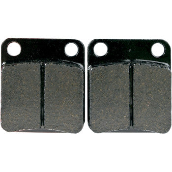 Pair of rectangular dark gray brake pads with round mounting holes on top corners.