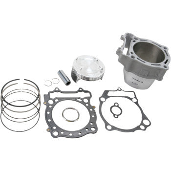 The Suzuki Cylinder Kit Big Bore 98.00 mm by Cylinder Works includes a nickel silicon carbide sleeve, Vertex pistons, rings, gaskets, and small parts, all displayed on a white background.