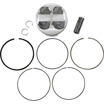 The Piston Kit by JE Pistons includes a silver forged aluminum piston, wrist pin, two circlips, and five black and silver piston rings displayed neatly on a white background.