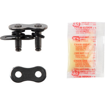 The 520 Max X Connecting Link Clip Nickel by RK features two pins, a connecting plate, and a small packet of chain grease with red text warnings, all neatly arranged on a white background.
